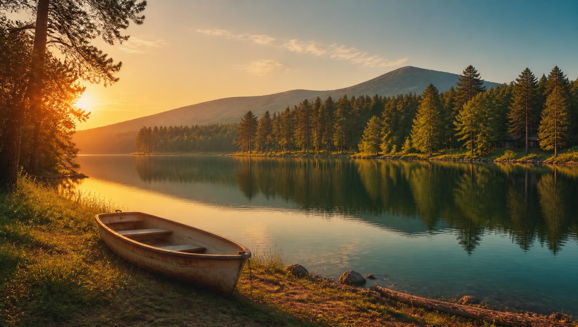 Sunrise over the lake at Scicon Camp with a rowboat on the shore